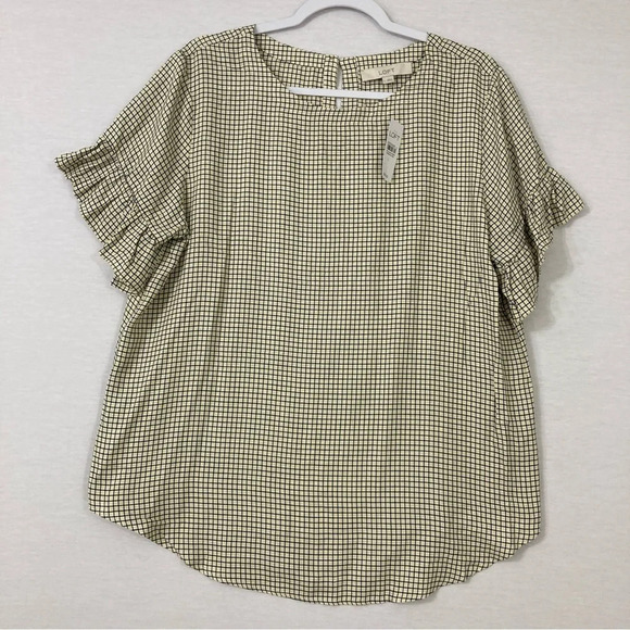 New LOFT Yellow Black Plaid Round Neck Ruffle Hem Blouse Large - Picture 1 of 9